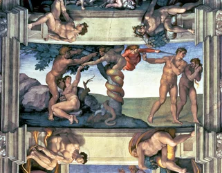 Tecto da Capela Sistina: A queda do homem e a expulsão do Jardim do Éden, com quatro ignudi, 1510 (após restauro)